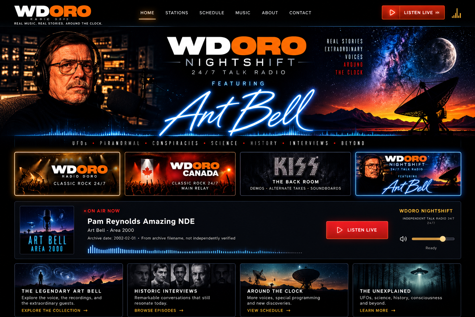 WDORO NIGHTSHIFT, Featuring Art Bell: Art at the microphone, a star-filled sky, mountains and a satellite dish